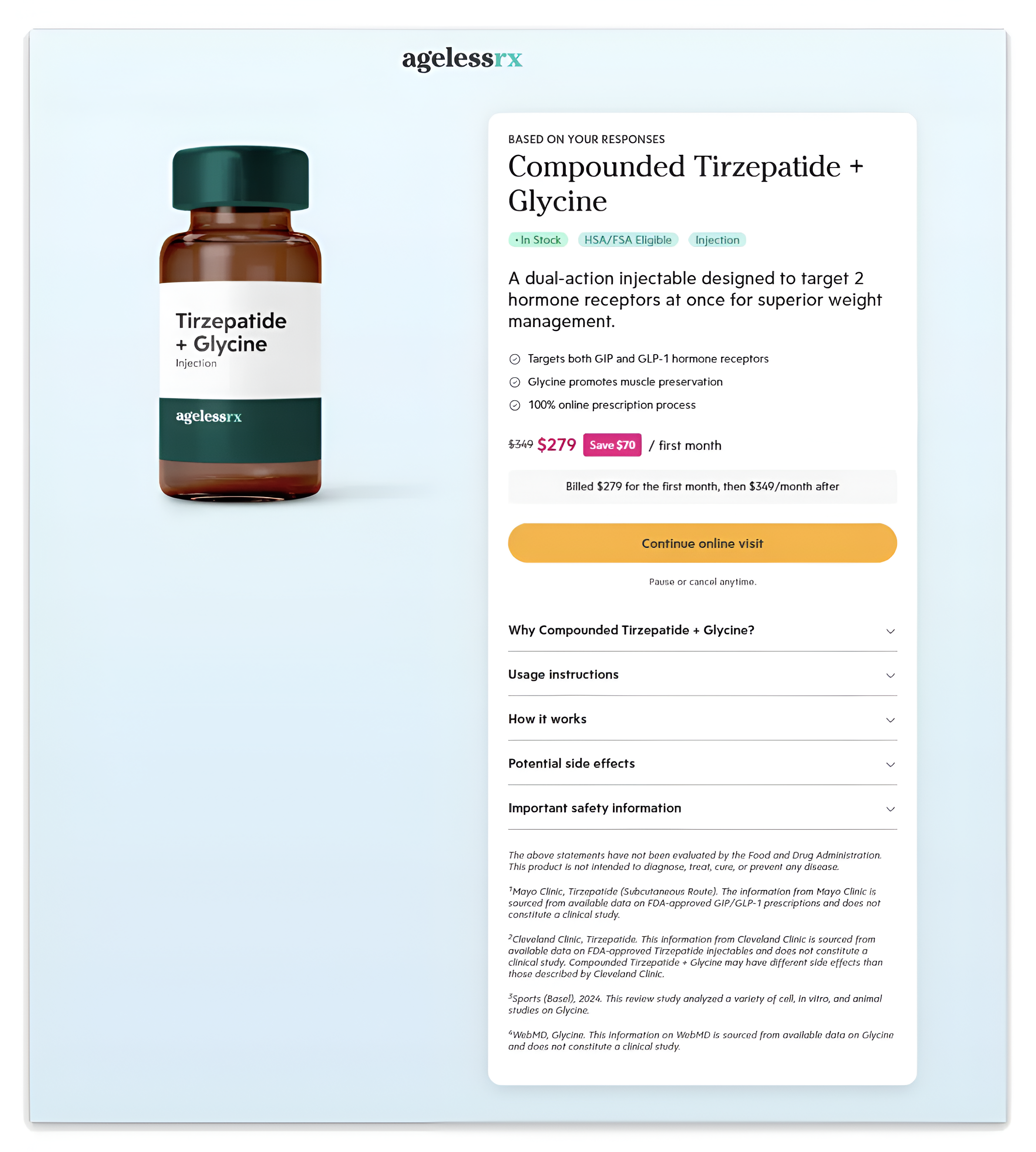 product detail page of Ageless Rx